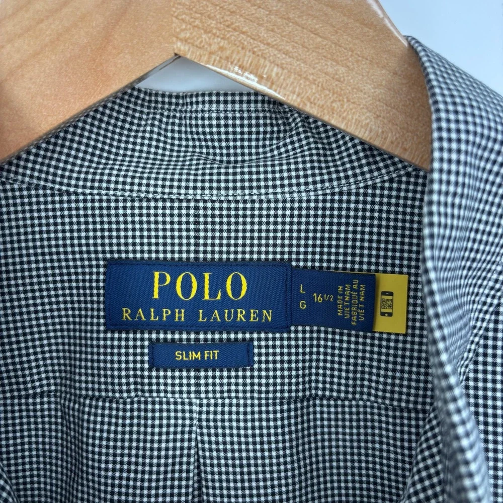 Polo Ralph Lauren Gingham Check Button Down Shirt Mens L Slim Fit Black Preppy